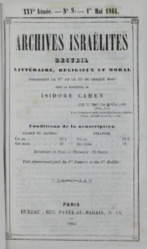 Archives israélites de France. Vol.25 N°09 (01 mai 1864)